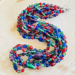 VTG BOHO Necklace Blue purple poured Retro Glass beaded Multi Statement 28"